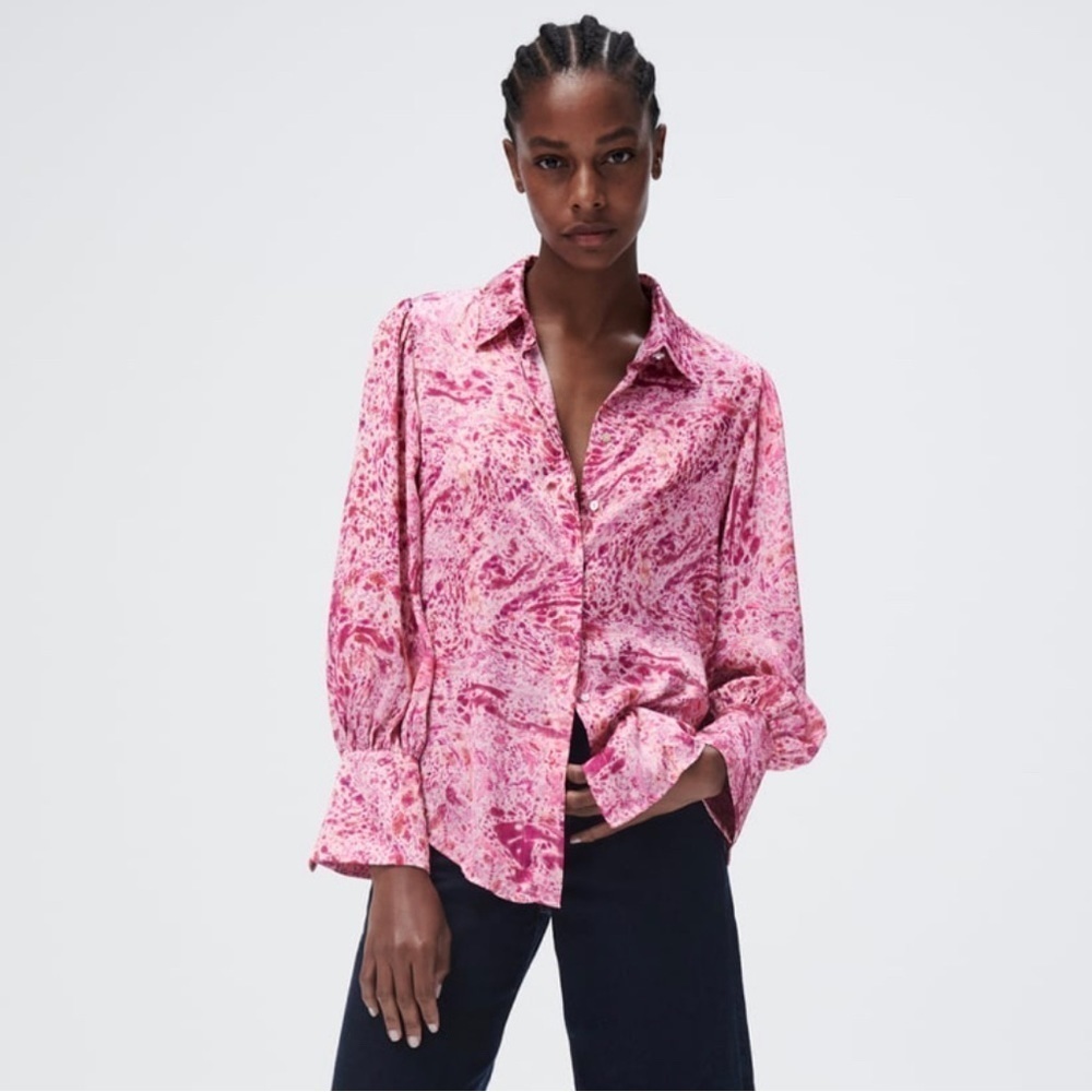 Zara Satin Button up Oversized Blouse Rhinestone Buttons